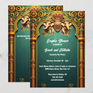 Indian elephants royal teal gold couples shower invitation