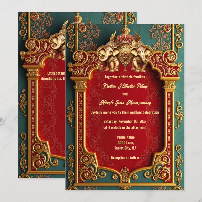 Indian elephants teal gold burgundy royal wedding  invitation (Front/Back)