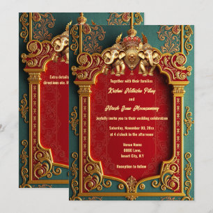 Indian elephants teal gold burgundy royal wedding  invitation