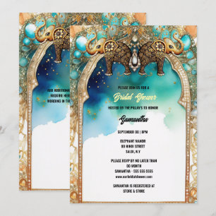 Indian elephants watercolor blue traditional gems invitation