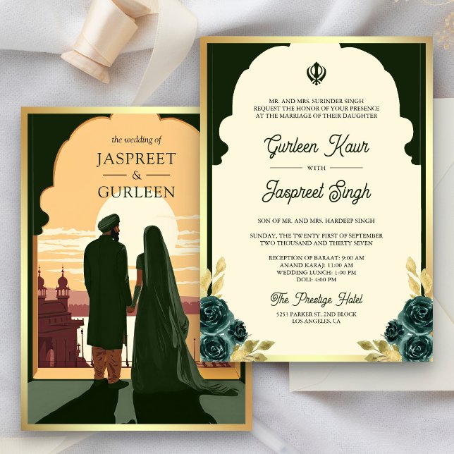 Indian Ethnic Dark Green Anand Karaj Sikh Wedding Invitation (Creator Uploaded)
