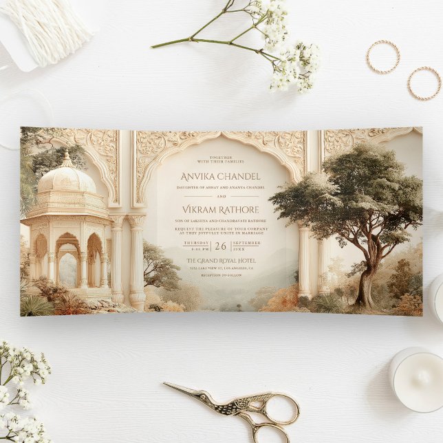 Indian Fairytale Royal Palace QR Code Wedding Tri-Fold Invitation (Creator Uploaded)