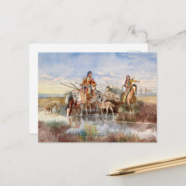 Indian Family with Travois by Charles M. Russell Holiday Postcard (Front/Back In Situ)