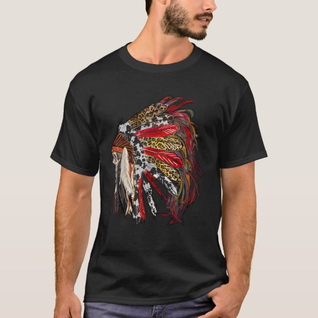 Indian Feather Headdress Western Native American T-Shirt (Front)