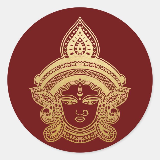 Indian Festival Durga Maa Hindu God Gold Red Classic Round Sticker (Front)