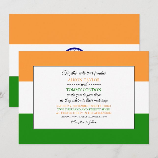 Indian Flag, Flag of India Wedding Invitation (Front/Back)