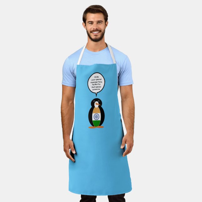 Indian Flag Talking Ms Penguin Personalised Text Apron (Worn)