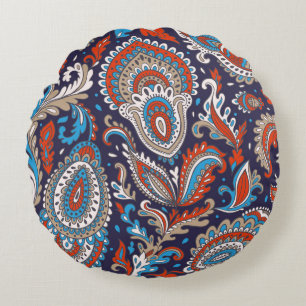 Indian floral paisley medallion pattern. Ethnic Ma Round Cushion