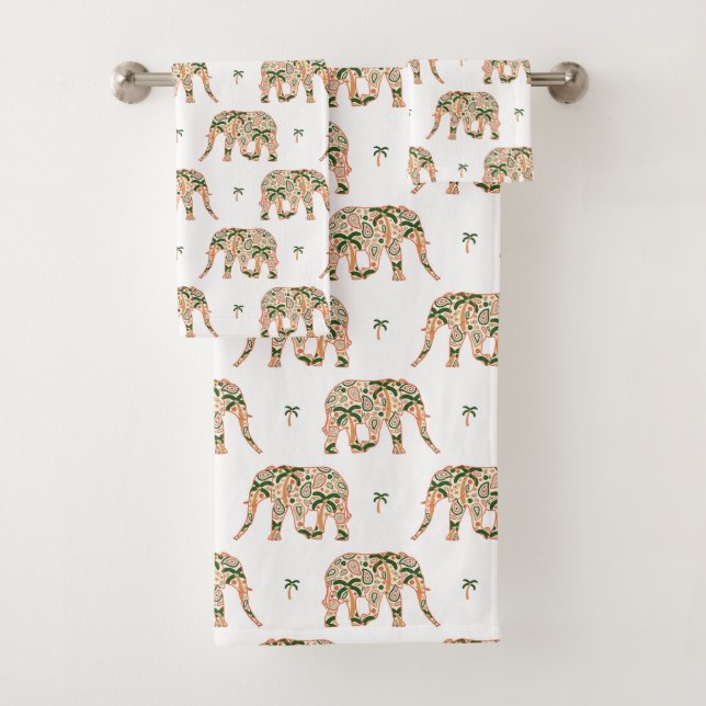 Indian Floral Paisley Ornate Elephants Bath Towel Set (Insitu)