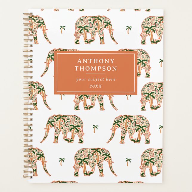 Indian Floral Paisley Ornate Elephants Custom Name Planner (Front)