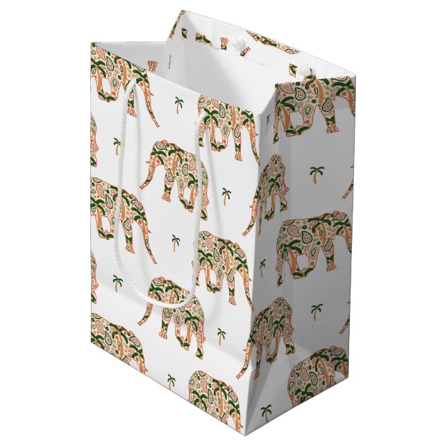 Indian Floral Paisley Ornate Elephants Medium Gift Bag (Front Angled)