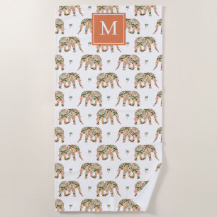 Indian Floral Paisley Ornate Elephants Monogrammed Beach Towel