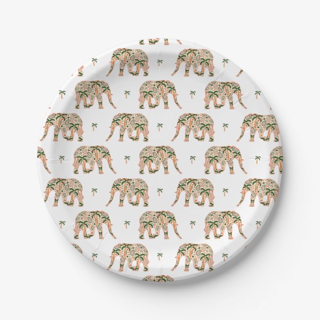 Indian Floral Paisley Ornate Elephants Paper Plate (Front)