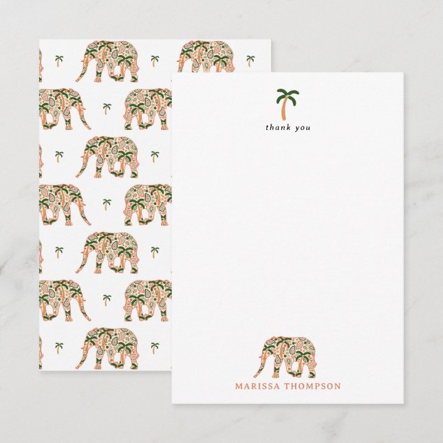 Indian Floral Paisley Ornate Elephants Thank You Card (Front/Back)