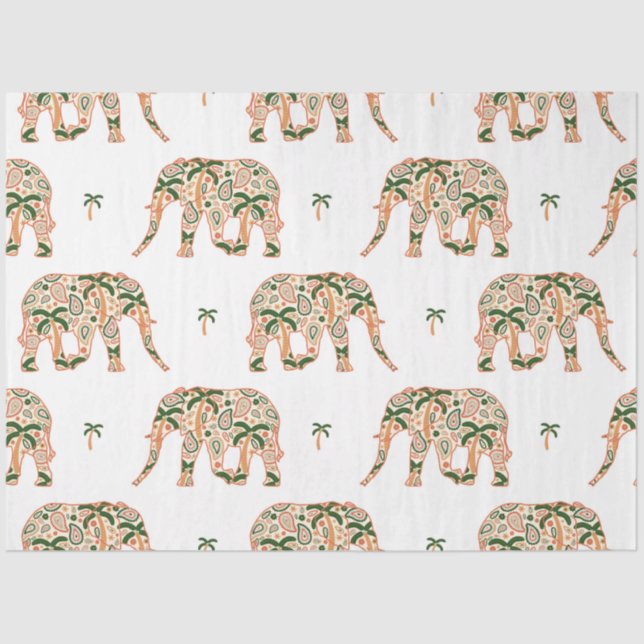 Indian Floral Paisley Ornate Elephants Tissue Paper (Front)