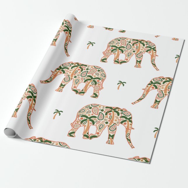 Indian Floral Paisley Ornate Elephants Wrapping Paper (Unrolled)