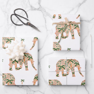 Indian Floral Paisley Ornate Elephants Wrapping Paper Sheet
