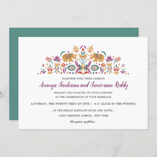 Indian Flower Elephant Jade green modern wedding Invitation