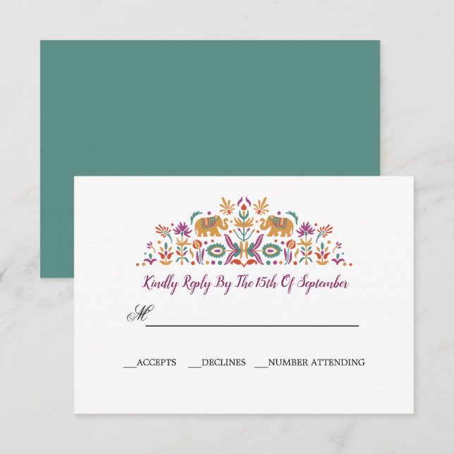 Indian Flower Elephant Jade green RSVP wedding Invitation (Front/Back)