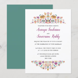 Indian Flower Elephant Jade green Wedding Invitation