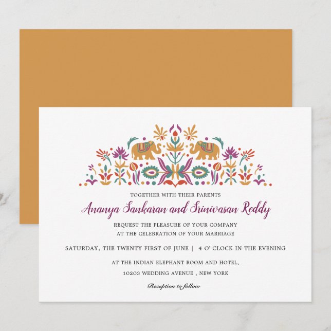 Indian Flower Elephant Mustard Yellow wedding Invitation (Front/Back)