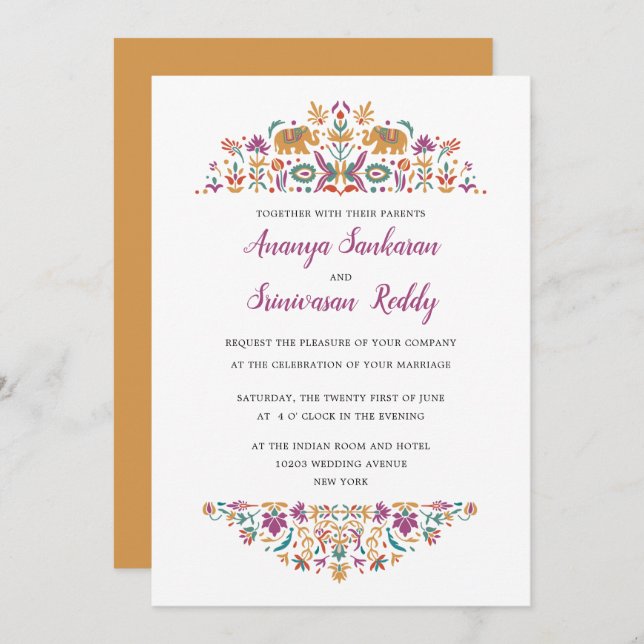 Indian Flower Elephant Mustard Yellow Wedding Invitation (Front/Back)
