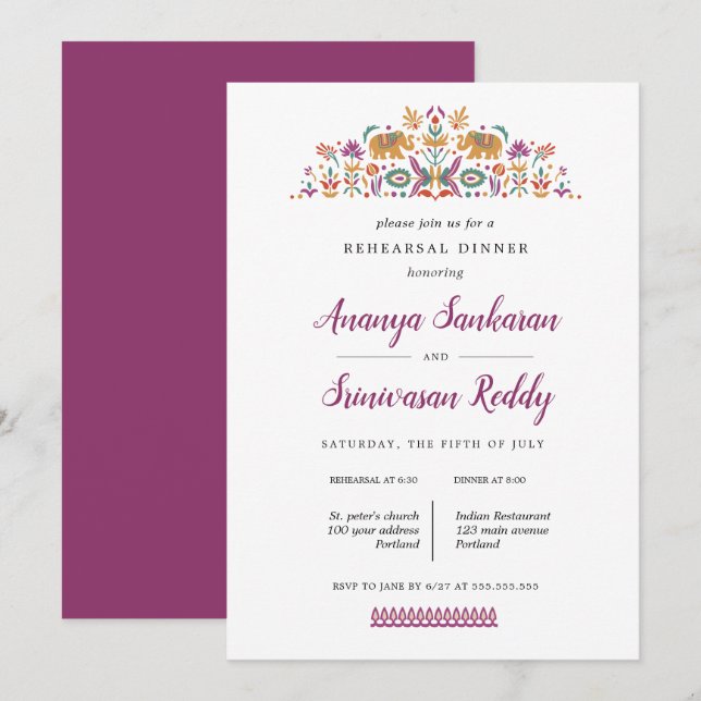 Indian Flower Elephant wedding  Rehearsal Dinner Invitation (Front/Back)