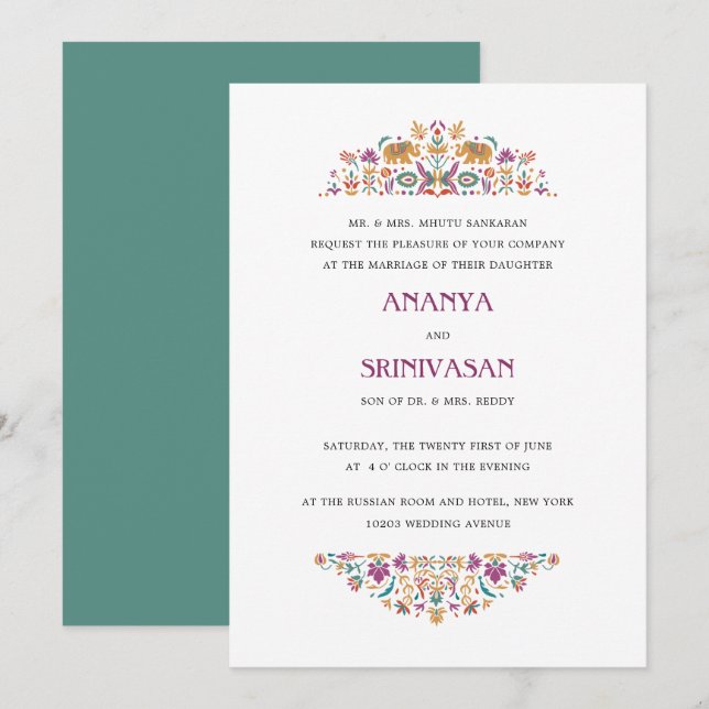 Indian Flower Jade Green Elephant Formal Wedding Invitation (Front/Back)