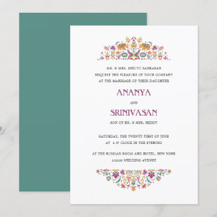 Indian Flower Jade Green Elephant Formal Wedding Invitation
