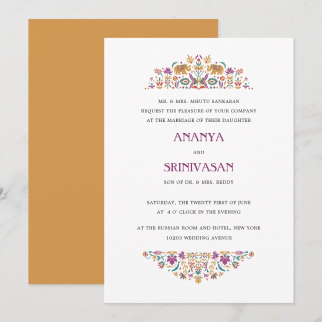 Indian Flower Mustard  Elephant Formal Wedding Invitation (Front/Back)
