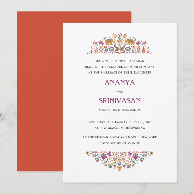 Indian Flower Orange Elephant Formal Wedding Invitation (Front/Back)