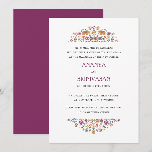 Indian Flower Purple Elephant Formal Wedding Invitation (Front/Back)