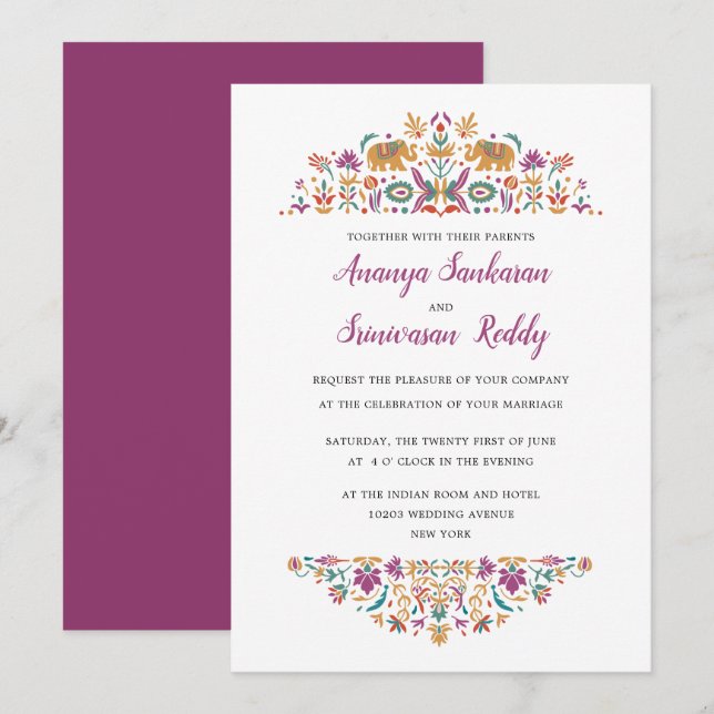 Indian Flower Purple Wedding Invitation (Front/Back)
