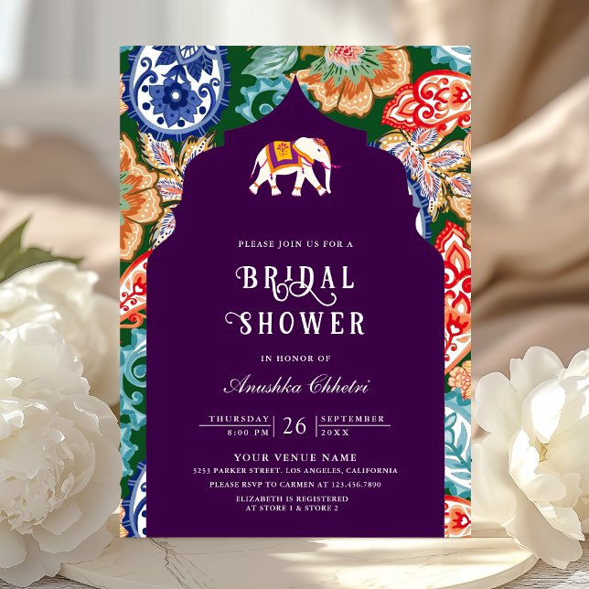 Indian Folk Art Elephant Aubergine Bridal Shower Invitation (Creator Uploaded)