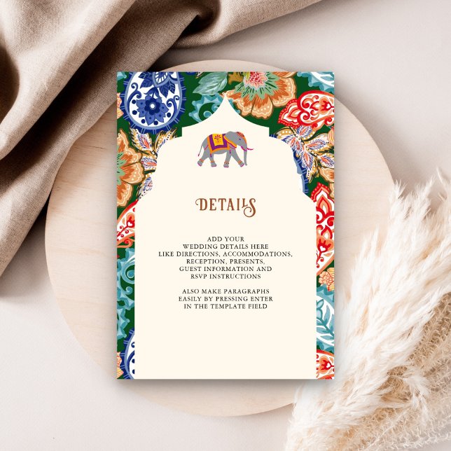 Indian Folk Art Elephant Cream Wedding Details Enclosure Card (Creator Uploaded)