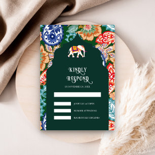 Indian Folk Art Elephant Emerald Green Wedding RSVP Card
