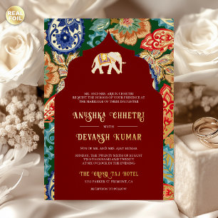 Indian Folk Art Elephant Wedding Dark Red Gold