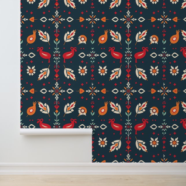Indian Folk Art Floral and Bird Pattern Wallpaper (Application)