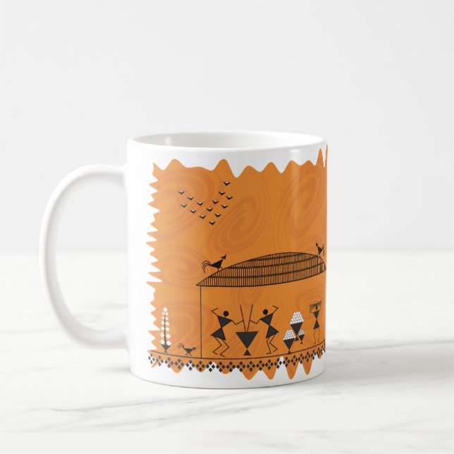 Indian Folk Art Warli (Orange) Coffee Mug (Left)