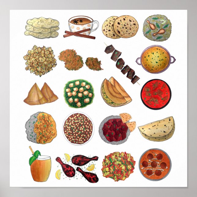 Indian Foods Dishes Cuisine of India Illustration Poster (Front)