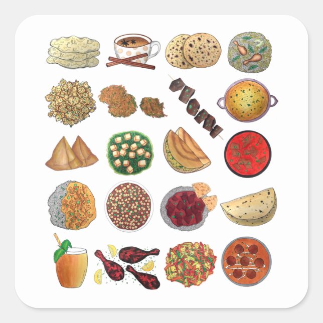 Indian Foods Dishes Cuisine of India Illustration Square Sticker (Front)