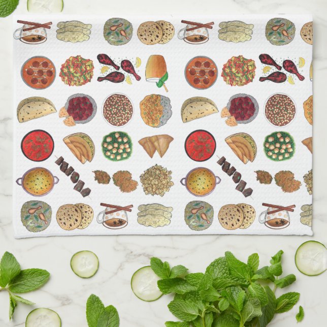 Indian Foods Dishes Cuisine of India Illustration Tea Towel (Folded)