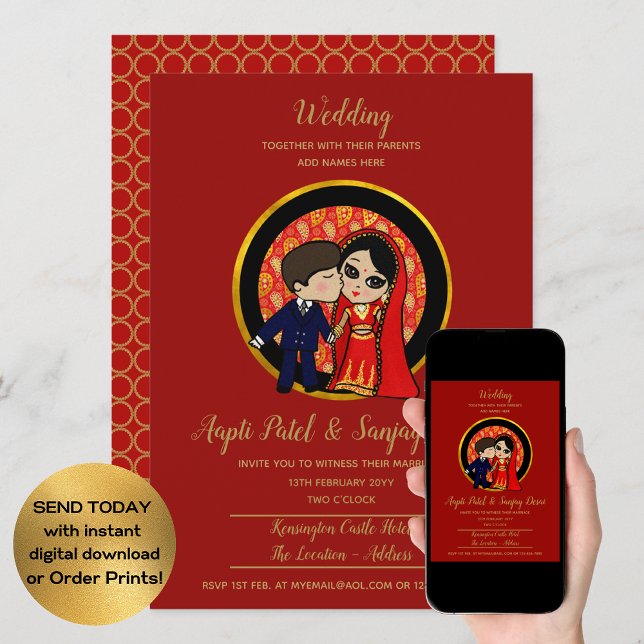 Indian Fusion Wedding Western Groom Cute Cartoon Invitation (Creator Uploaded)