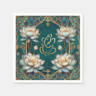 Indian Ganesh Green Gold Traditional Lotus Wedding Napkin