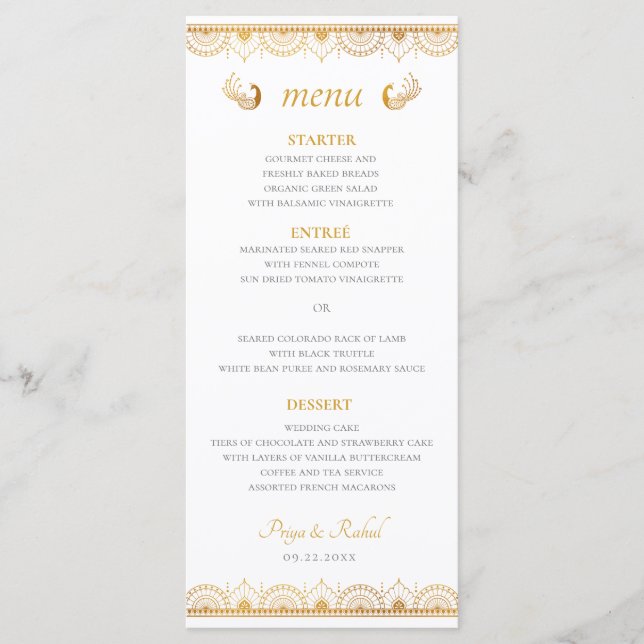 Indian Gold Pattern Wedding Dinner Menu (Front)