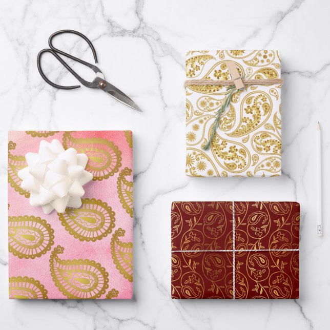 Indian golden paisley white, maroon and pink wrapping paper sheet (Front)