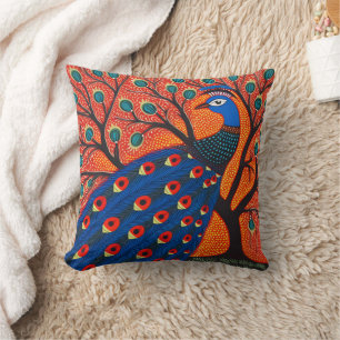 Indian Gond Art Peacock   Art of India Cushion