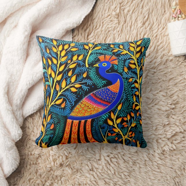 Indian Gond Art Peacock Black | Art of India Cushion (Blanket)