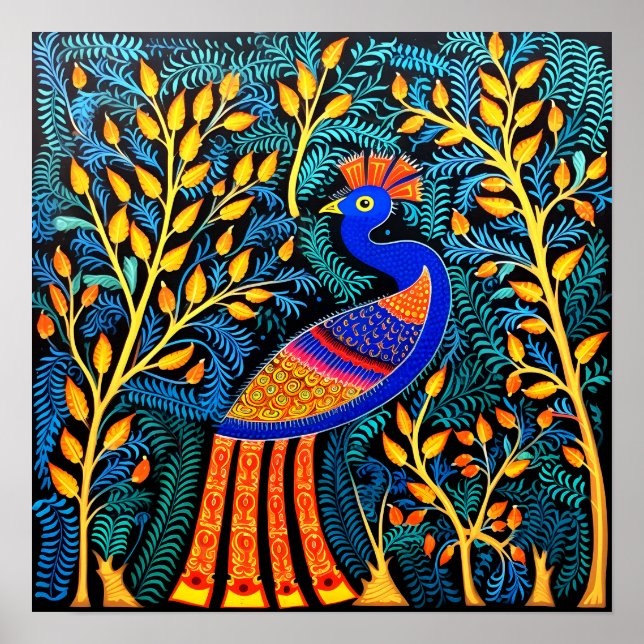 Indian Gond Art Peacock Black | Art of India Poster (Front)