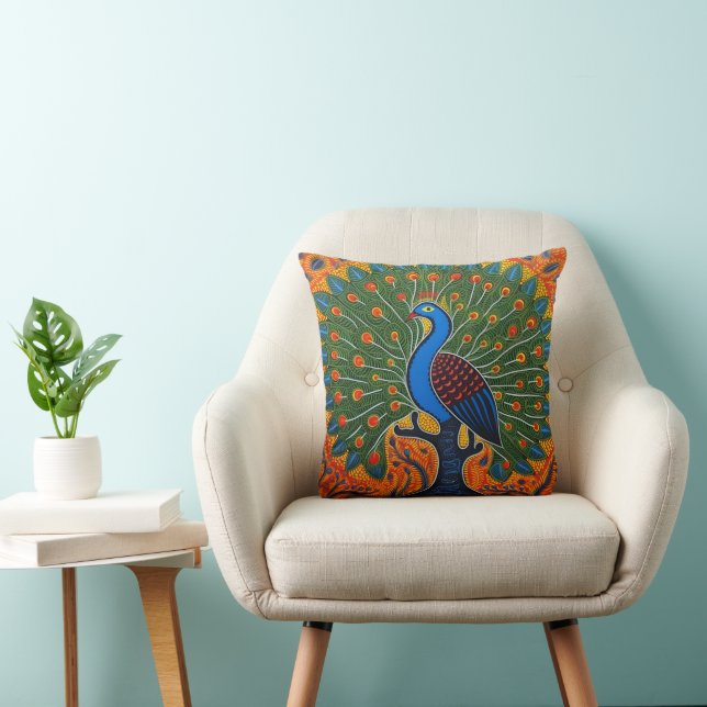 Indian Gond Art Peacock Orange | Art of India Cushion (Chair)